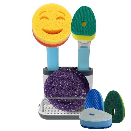 Image of The Original Smiling Handle with Soap Dispensing for Scrub Daddy (Reg. TM) Sponges and Scrub Moji Sponge with Smilyeez Caddy, Dishwand, and 2 Scrub Mojis (Light Blue)