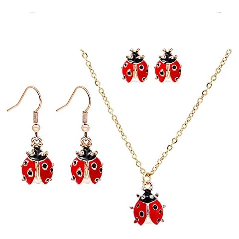 Winssigma Bee Necklace Earrings Set for Women, Butterfly Jewelry Set Ladybug Necklace Earrings Daisy Earrings Necklace Cute Animal Jewelry(Ladybug) Cover