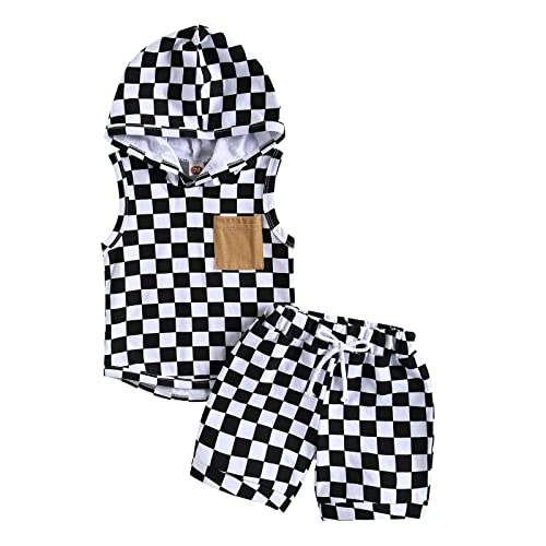 Toddler Baby Boy Summer Clothes Sleeveless Checkerboard Plaid Hoodie Tank Tops+Casual Shorts Set Cute Outfits (Black,18-24 Months) #TOP22