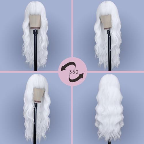 Image of NAYOO White Wigs with Bangs for Women,24 Inch Wavy Synthetic Wig | Natural Looking,Beginner Friendly,Heat Resistant Fiber,Ideal for Daily Wear,Parties & Halloween