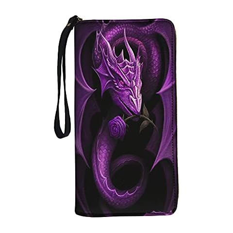 Jeiento Leather Wallets with Purple Dragon Print Long Style Puse Clutch Bag for Lady Girls Outdoor Money Clip Phone Card Holder Zip Around Cover