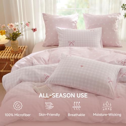 Image of Girls Duvet Cover Set Full Size,Pink Bow Ties on Gingham Pattern Reversible Bedding Set for Adults Kids,Romantic Graceful Style Microfiber Comforter Cover 3pcs with 2 Pillowcases