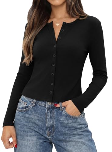 GRECERELLE Women's Cropped Ribbed Knit Y2k Cardigan 2026 Fall Outfits | Lightweight Crew Neck Button Down Shirts, Long Sleeve Going Out Tops, Year-Round Layering for Casual Work Wear