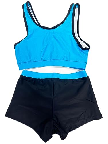 DRHOM Kids Girls' Two-Piece Sport Dance Outfit Crop Top with Booty Shorts Gymnastics Leotard Dancing Clothes Swimwear (Stripe-Blue, 3-4)