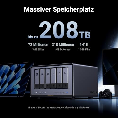 UGREEN NASync DXP6800 Pro, Desktop-NAS mit 6 Einschüben, Intel i5 1235u 10-Kern-Prozessor, 8GB DDR5, eingebaute 128GB SSD, 2 x 10 GbE, 2 x M.2 NVMe-Steckplätze, HDMI 8K, 2 x TBT4 (ohne Festplatte)