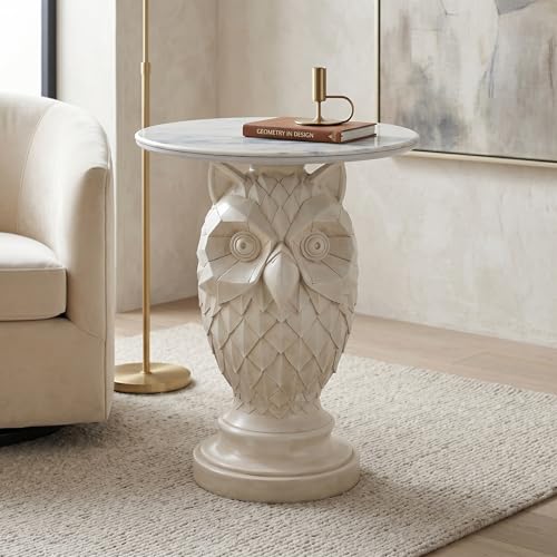Sprgarde Owl Side Table, Unique Resin Animal Base End Table with Faux Marble Top, Decorative Statement Piece for Classic Living Room, White