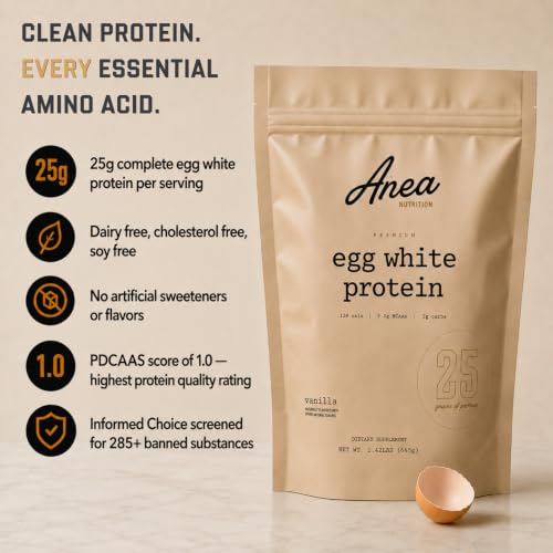 Image of Anea Protein Powder, Egg White Protein Powder, Complete Amino Acids, Egg Whites, No Artificial Sweeteners, Gluten Free, Dairy Free, Soy Free, Vanilla Flavor, Informed Choice Certified, 20 Servings