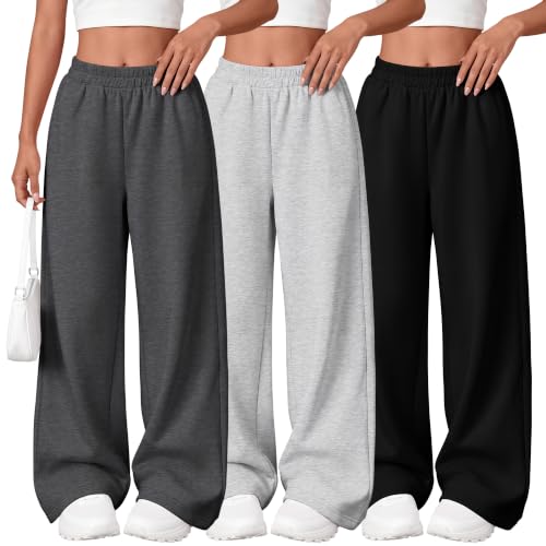 LessonZoo 3 Pack Girls Wide Leg Sweatpants Kids Baggy Pants 3Color 5-6Y