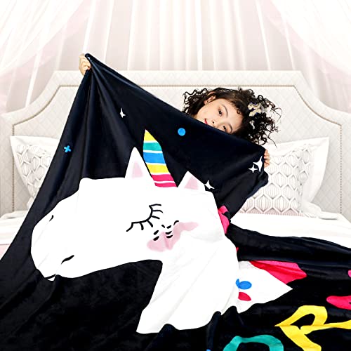 Artbeck Unicorn Blanket For Girls, Kids Throw Blanket Cute Black Rainbow Unicorn For Teen Girls, Princess Soft Lightweight Flannel Blanket Unicorns Birthday Decor Gifts For Girls #TOP6
