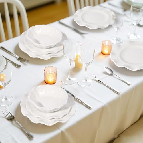 Image of Melamine Dinnerware Sets Service for 4, Cream Plates and Bowls Set with Beaded Edge, BPA Free Dishwasher Safe, Heavy Duty Shatterproof Unbreakable Tableware for Wedding Party Camping Outdoor