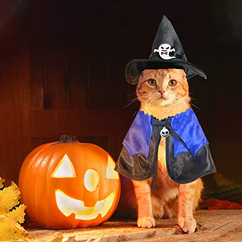 Halloween Cat Costume: Cat Witch Hat With Pet Cape, Funny Cat Wizard Costume, Cat Halloween Party Cosplay Clothes, Cute Cat Outfit For Cats Kittens Small Dogs (Blue) #TOP3