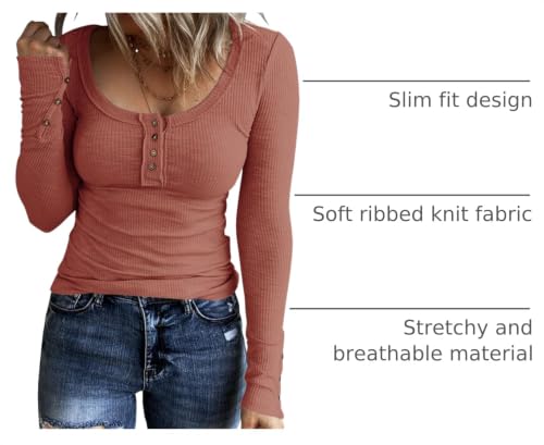 Image of KINLONSAIR Women Long Sleeve Henley Shirts Scoop Neck T-shirt Basic Tops