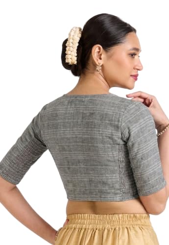 Image of Studio Shringaar Women Cotton Half Sleeve Madras Checks Saree Blouse with Stretchable Sides