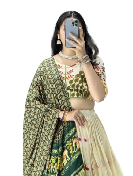 DN 8211 Pure Cotton Embroidered Lehenga Choli with Gaji Silk Dupatta (Green)