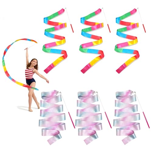 Aihoom 6PCS Cintas de Baile 2M, Cintas de Gimnasia Rítmica para Niña, Varita de Danza en Colores de Fuego y Rosa, Ideal para Gimnasia Artística, Ballet y Espectáculos de Carnaval