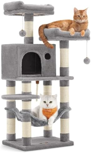 Feandrea Kratzbaum, 112 cm hoch, Katzenbaum mit 11 Kratzsäulen | 2 Plattformen, 1 Katzenhöhle, 1 Hängematte, 2 Plüschbällen, Plüsch, mehrstöckiges, hellgrau, CLAWFY Kollektion PCT2