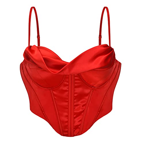 Bslingerie® Womens Satin Ruffled Party Wear Outfit Crop Top Bustier Shapewear (L, Red)