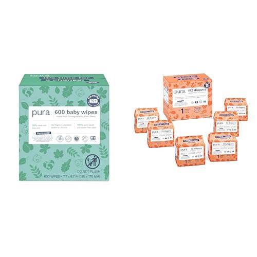 PuraBundles of Joy - Newborn Baby Starter Bundle, Size 1 Eco-Friendly Diapers (192 Diapers) & 99% Water Baby Wipes (600 Wipes) TCF, Suitable for Sensitive Skin, Fragrance Free & Hypoallergenic