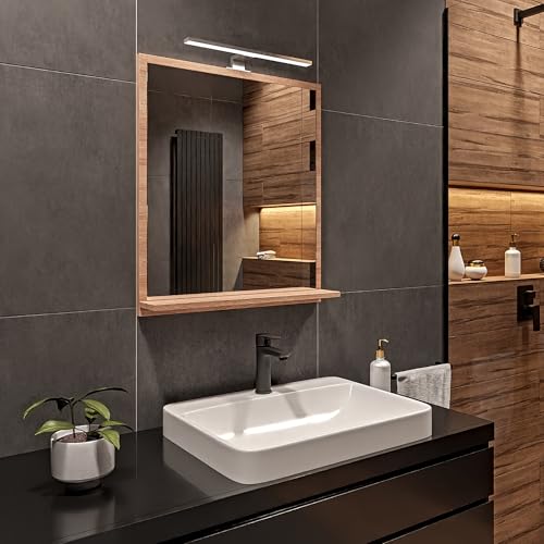 HAJDUK FURNITURE Badspiegel Sonoma mit Beleuchtung 60x70 cm Badezimmerspiegel Wandspiegel mit Ablage LED-Spiegel Neutralweiß 4000K LED Badspiegel Lichtspiegel Farbe des Lampengehäuses: Chrom