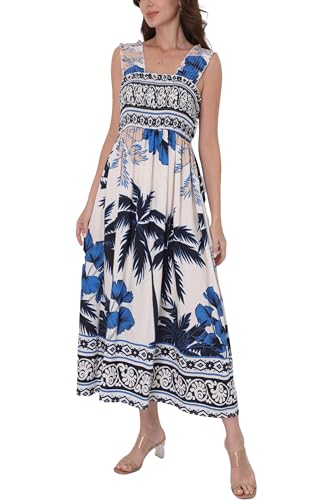 Image of Women Summer Boho Maxi Dress Casual Hawaiian Sleeveless Square Neck Beach Vacation Dresses