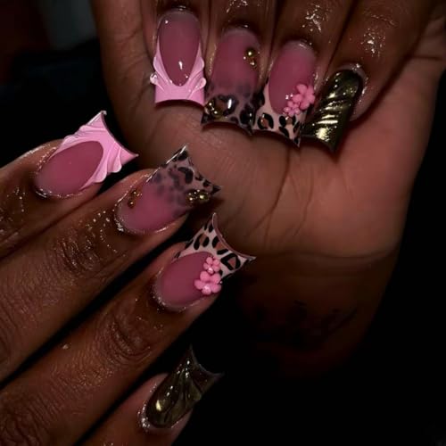 Image of Leopard Print Press on Nails French Tip Fake Nails Duck False Nail with Flower Design Glossy Full Cover Artificial Acrylic Nail Bronze Stick on Nail for Women Manicure 24Pcs