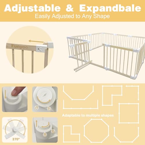 Image of Foldable Wooden Playpen for Babies and Toddlers, Baby Play Pen with Gate, Portable Baby Fence Indoor Activity Center, Adjustable Size & Shape, 10 Panels