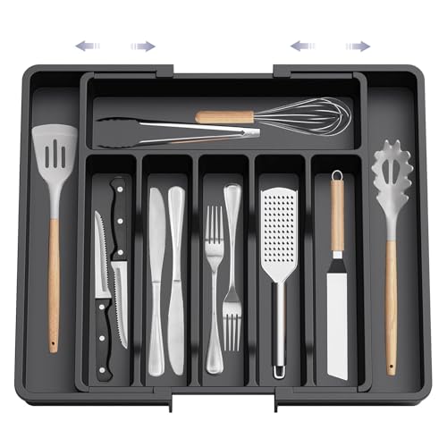 Velvaria Cutlery Tray for Drawer Organizer Expandable Kitchen Utensil and Flatware Tray (Fits 33cm to 56cm Wide) Space-Saving and Easy to Clean (Black)