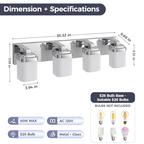 Image of 29 Inches Bathroom Vanity Light, 4-Light Chrome Bathroom Light Fixtures Over Mirror, Bathroom Light Shower Lamp with Milky White Square Glass Shade, Modern Farmhouse Lighting Fixtures
