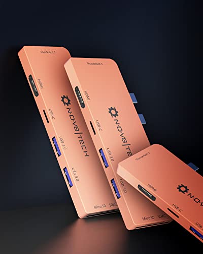 Nov8Tech Hub USB C para MacBook Pro y Air M1 M2 2016-2023 Gold - Hub USB-C 7 en 2 - USB C HDMI - Thunderbolt 3 Typec Hub - 100W Power Delivery 3.0, 2 puertos USB 3.0, Micro SD y lector de tarjetas SD