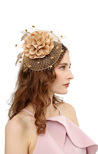 Cizoe Fascinators Hats for Womens 50s Headwear with Veil Flower Cocktail Wedding Tea Party Church Derby Hat (1A-Gold)