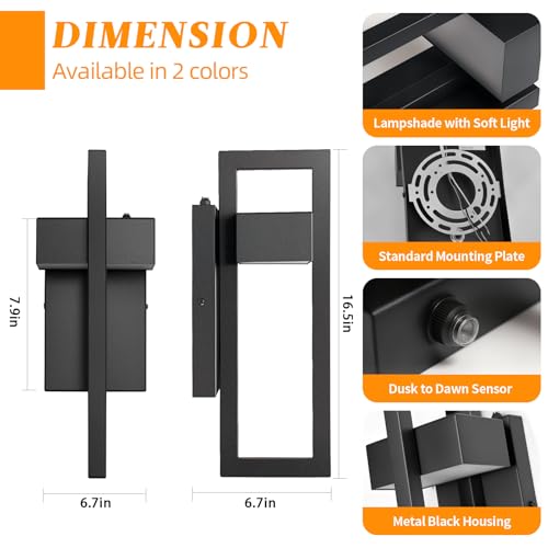 Image of tewei 16.5'' LED Outdoor Wall Sconce Dusk to Dawn Outdoor Lighting, Modern Exterior Lighting Fixtures, Black LED Front Porch Lights Outside Wall Mount Lights for House, Hallway, 3000K, 1 Pack