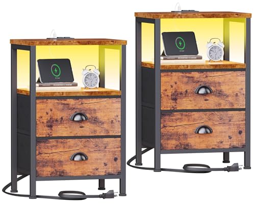 Furologee Nightstands Set of 2 Charging Station, End Tables with LED Lights, Nightstands with 2 Fabric Drawers and Shelves, Bedside Tables for Living Room/Bedroom,Rustic Brown