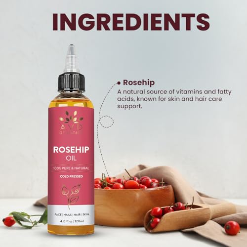 Image of AVD ORGANICS Rosehip Oil for Face 120ml - 100% Pure, Cold-Pressed Huile de Rose Musquee | Rose hip Oil for Face, Skin, Hair, Scalp & Nails | Moisturizing for Daily Use (4.05 fl oz)