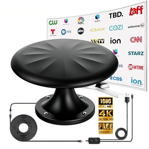 RV Antenna for Camper, RV TV Antennas Roof Mounted, 720° Long Range Omni Directional Reception Digital HD Antenna Signal, with Super Signal Booster, 35ft HDTV Cable (Black, Larger)