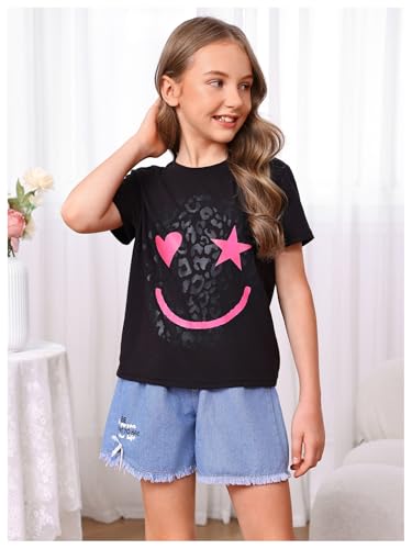 Image of WDIRARA Girl's Leopard Graphic T Shirt Crew Neck Short Sleeve Tee Shirts Cute Tops