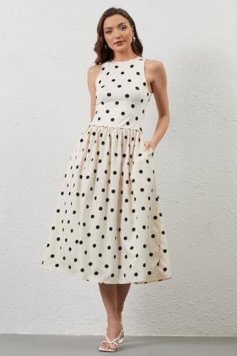 Image of TERIVEEK Women Summer Polka Dots Sleeveless Midi Dress Casual High Neck Patchwork Tank Sundress Boho Flowy Dress with Pockets