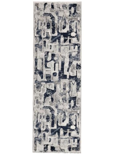 RugVista Vectra, Alfombra Moderna, Pelo Corto, 80 x 250 cm, Moqueta de Pasillo/Runner, Calidad Oeko-Tex Standard 100, Polipropileno, Pasillo, Dormitorio, Cocina, Salón, Despacho, Azul Oscuro/Beige