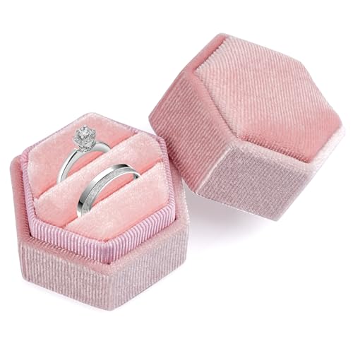 Rose Velours Boite a Bague, Boîtiers pour Bagues de Fiançailles, Boîte à Bagues pour Couple à Double Fente, pour Demande de Mariage, Mariage, Valentin, Anniversaire Tenant 2 Bagues (Hexagone)