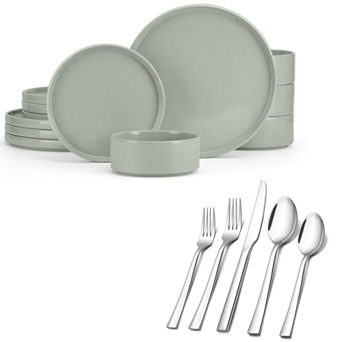 E-far Stoneware Dinnerware Sets with 20Pcs Silverware Set Bundle, 12Pcs Plates and Bowls Dish and Stainless Steel Flatware Set for 4, Kitchen Modern Dinning Dishware, Dishwasher Safe, Speckl
