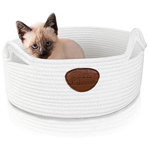Katzenbett waschbar, Katzenkorb zum Schlafen aus Baumwollseilen, ECO Katzenkörbchen, Hundebett Korb geflochten, Bett für Katzen, Schlafplatz Liegeplatz Bettchen Haustierbett Körbchen Cat Bed weiß