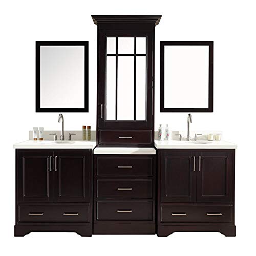 Ariel M085D-Esp- Stafford 85" Solid Birch Wood Double Sink Bathroom Vanity Set In Espresso, 1.5” White Quartz Countertop, #TOP20