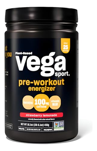 Vega Sport Pre-Workout Energizer, Strawberry Lemonade - Pre Workout Powder for Women & Men, Supports Energy and Focus, Electrolytes, Vegan, Keto, Gluten Free, Non GMO, 1.1 lbs