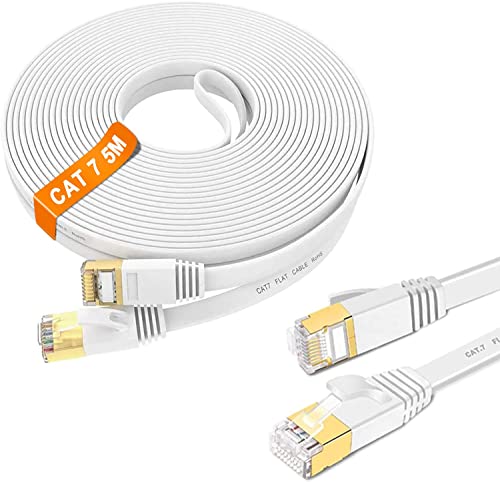 Cable Ethernet 5 metros, Cat 7 Plano Cable de Red 5m Alta Velocidad 10Gbps 600MHz, Blindado RJ45 Cable LAN S/FTP Interior, Blanco Gigabit Cable Internet para Router Módem Switch Xbox PS5/4 (5 Clips)