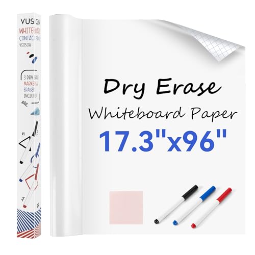 Vusign Whiteboard Sticker for Wall, 96' x 17.3' Dry Erase Board Wallpaper Peel and Stick，Self-Adhesive White Board for School, Office, Home, Drawing with 3 Pen, 1 Cleaning Cloth