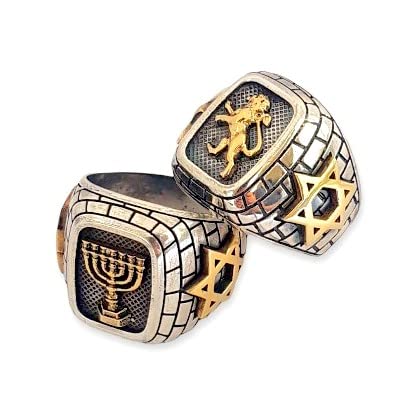 Lion of Judah Ring 9k Gold and Sterling Silver Menorah Jewish Ring Jerusalem for Men