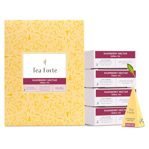 Tea Forte Raspberry Nectar Premium Caffeine-Free Herbal Tea Blend Event Box, Bulk Pack 40 Count, 10 per tray Individually Wrapped Handcrafted Pyramid Infusers