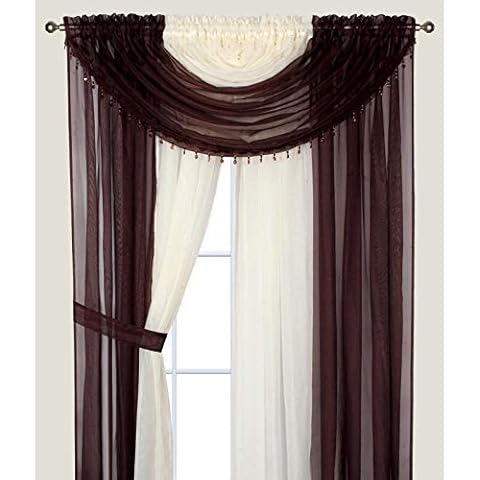 Bedding Haus Window Sheer Curtains - Two Tone 4 Panels Set with Valance and Tiebacks, 55" x 84", Privacy Voile Window Curtains for Living Room, Bedroom, Kitchen, Dining Room -Chocolate/Beige Cover