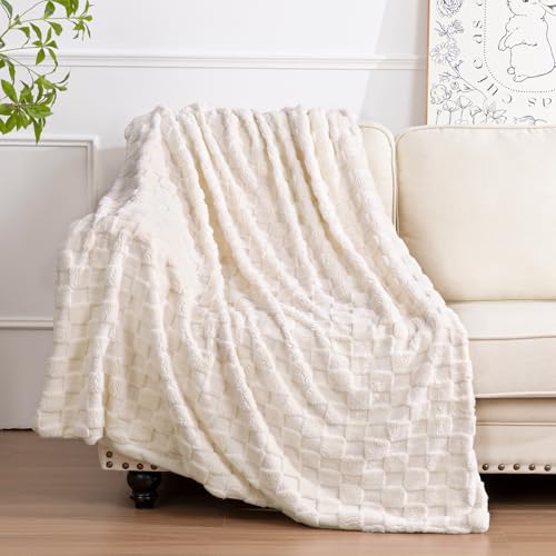 Enyhom Kuscheldecke Sherpa Decke, Doppelgesicht Weiche Jacquard Sofadecke Flauschige Plüsch Fleecedecke Warme Karierte Wohndecke für Couch Zimmer Deko Wohn Kuscheldecken, 152 x 203 cm, Beige