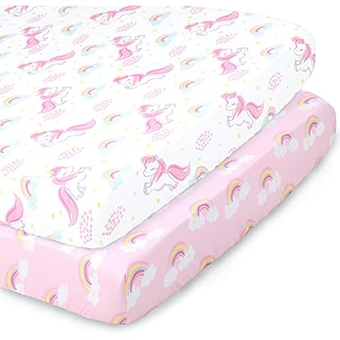 The Peanutshell Fitted Pack n Play, Playard, Mini Crib Sheets for Baby Girls | 2 Pack Set | Pink Unicorn & Rainbow Cover
