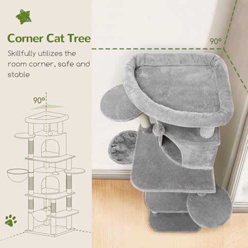 Image of Globlazer Corner Cat Tree for Large Cats, 66inch Tall Curved Series Large Cat Tower for Multiple Indoor Cats with 6 Scratching Posts, 2 Spacious Cat Condos, Hammock, Hanging Basket, C66, Light Grey